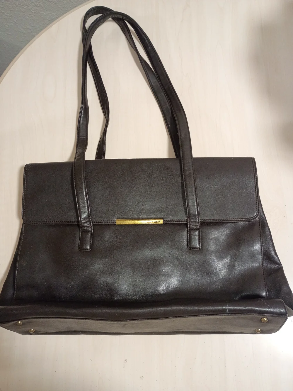 Nine West Classic Dark Brown Leather Laptop Tote Bag/Work Bag with Gold Accent